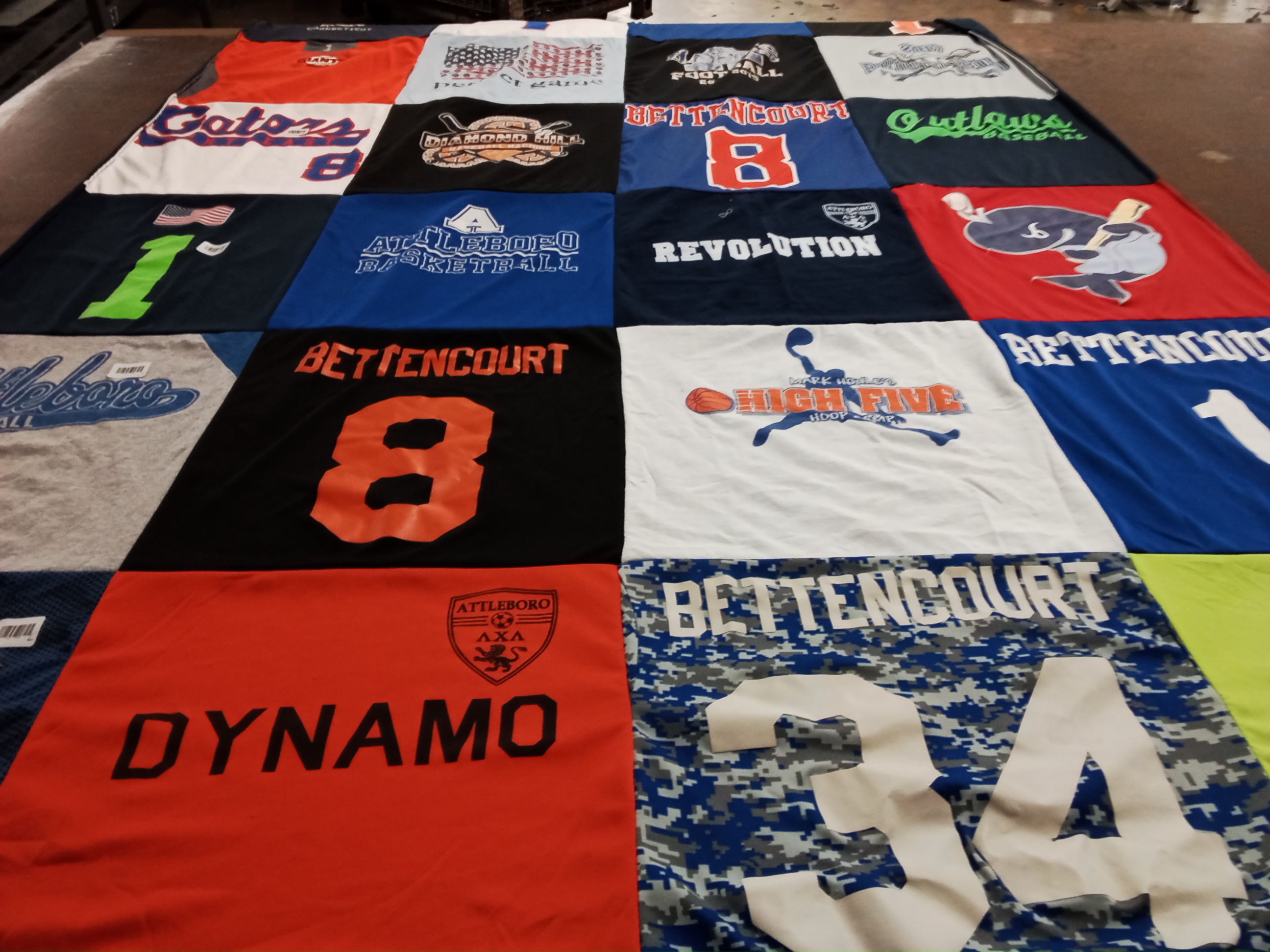T-shirt quilt featuring attleboro basketball, outlaws baseball by Helena from MA