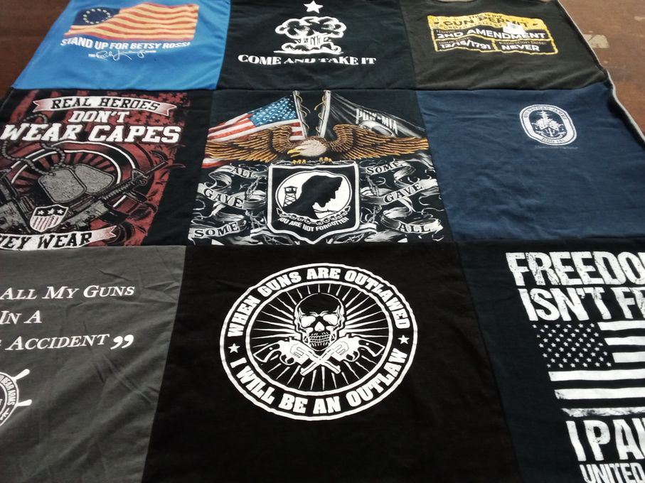 T-shirt quilt with firearms, freedom themes by Amber J from MI