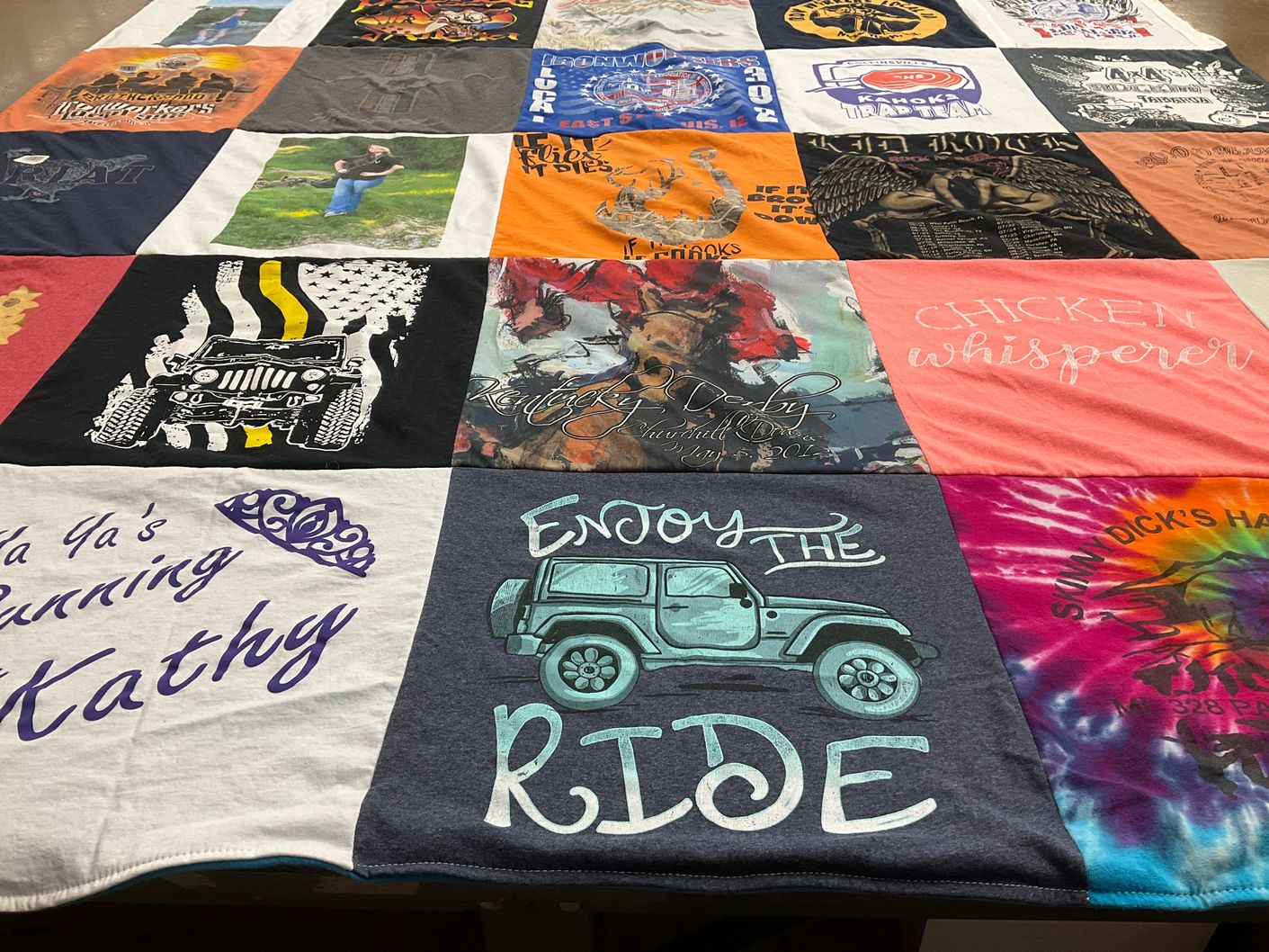T-shirt quilt with off-roading, chickens themes by Angie from IL