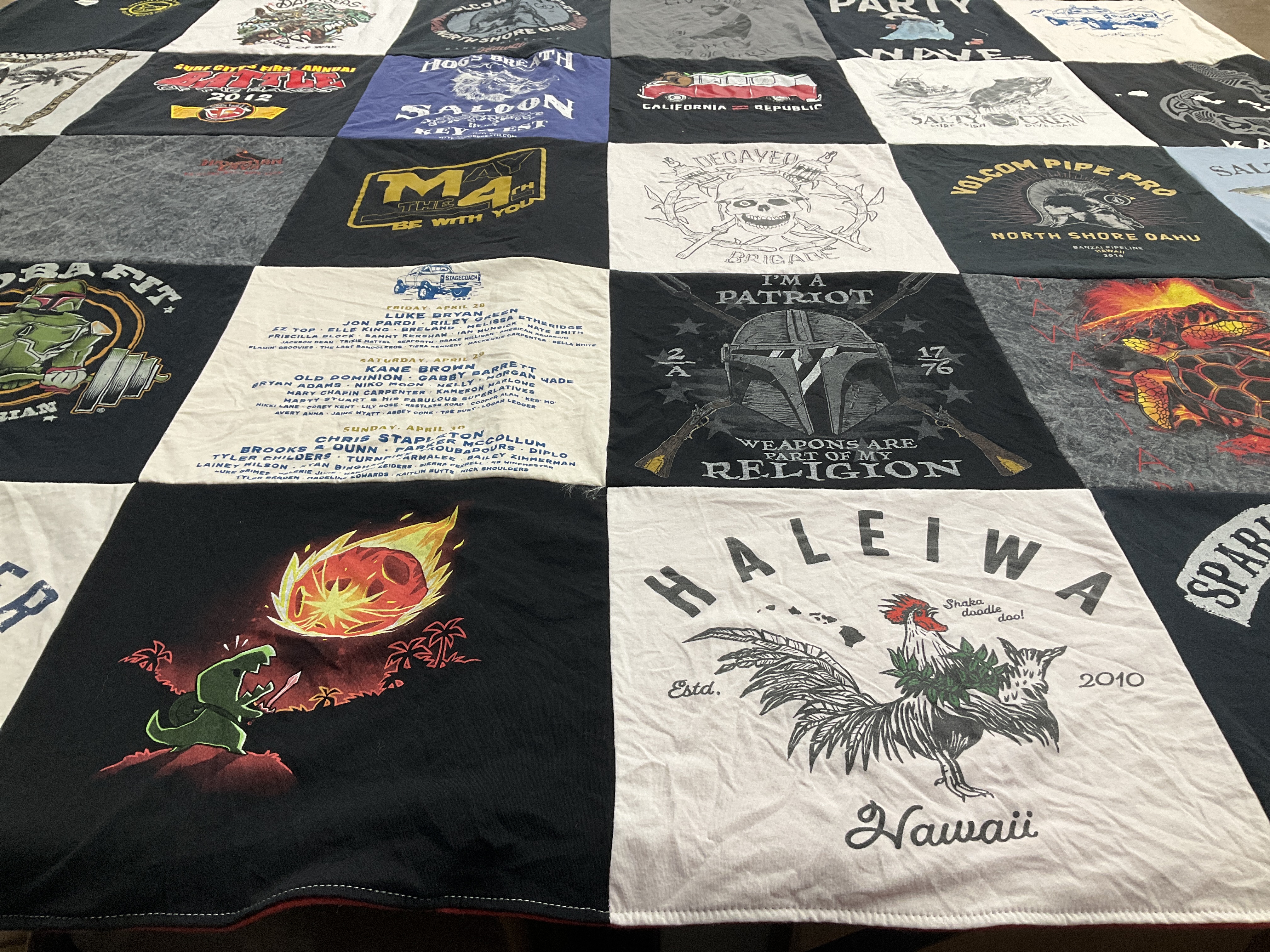 T-shirt quilt with music, sports themes by Sarah from CA