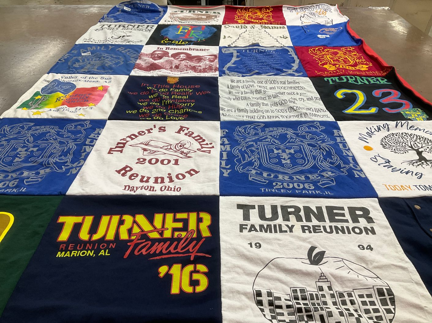 T-shirt quilt with family gatherings, reunions themes by Mia from AL
