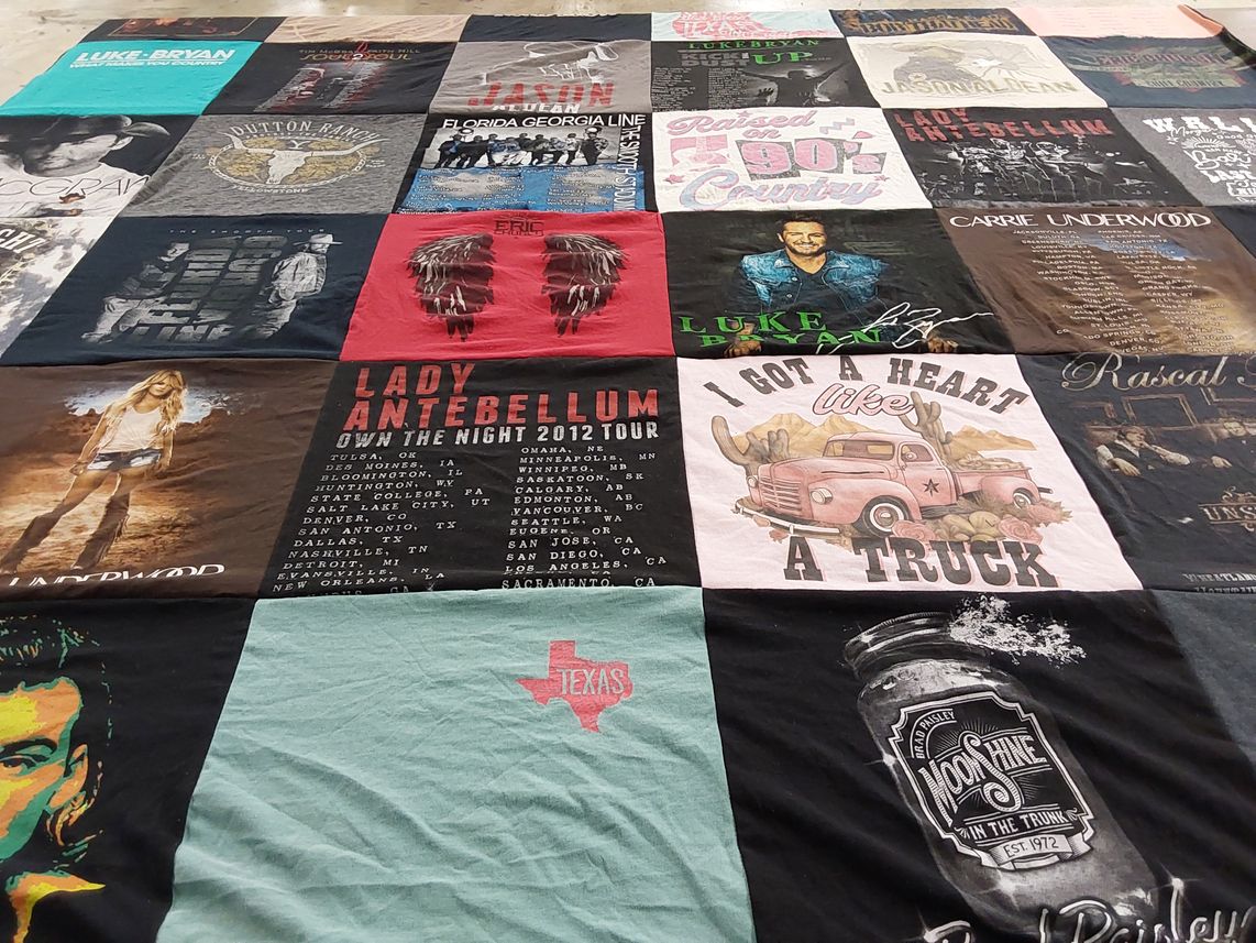 T-shirt quilt with country music, concerts themes by Heather from DE
