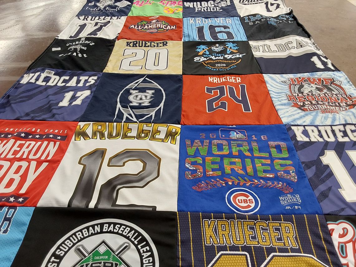 T-shirt quilt with baseball, sports themes by Mary from IL