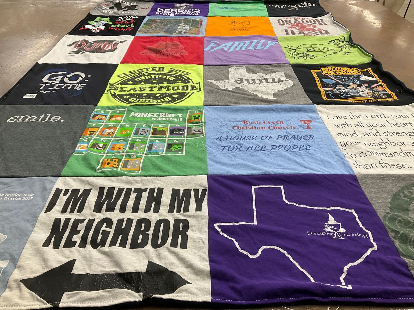 T-shirt quilt with minecraft, youth ministry themes by Robert from TX