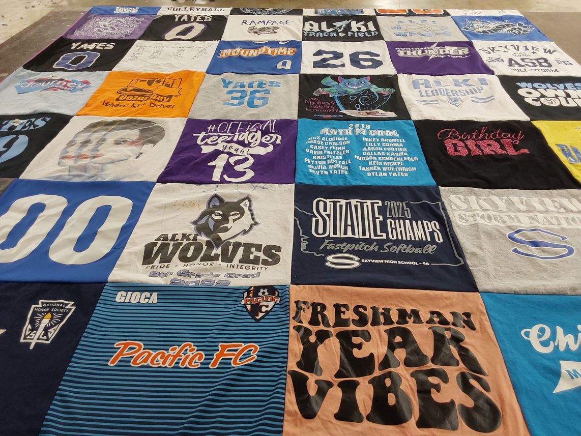 T-shirt quilt featuring alki wolves, skyview storm by Jennifer from WA