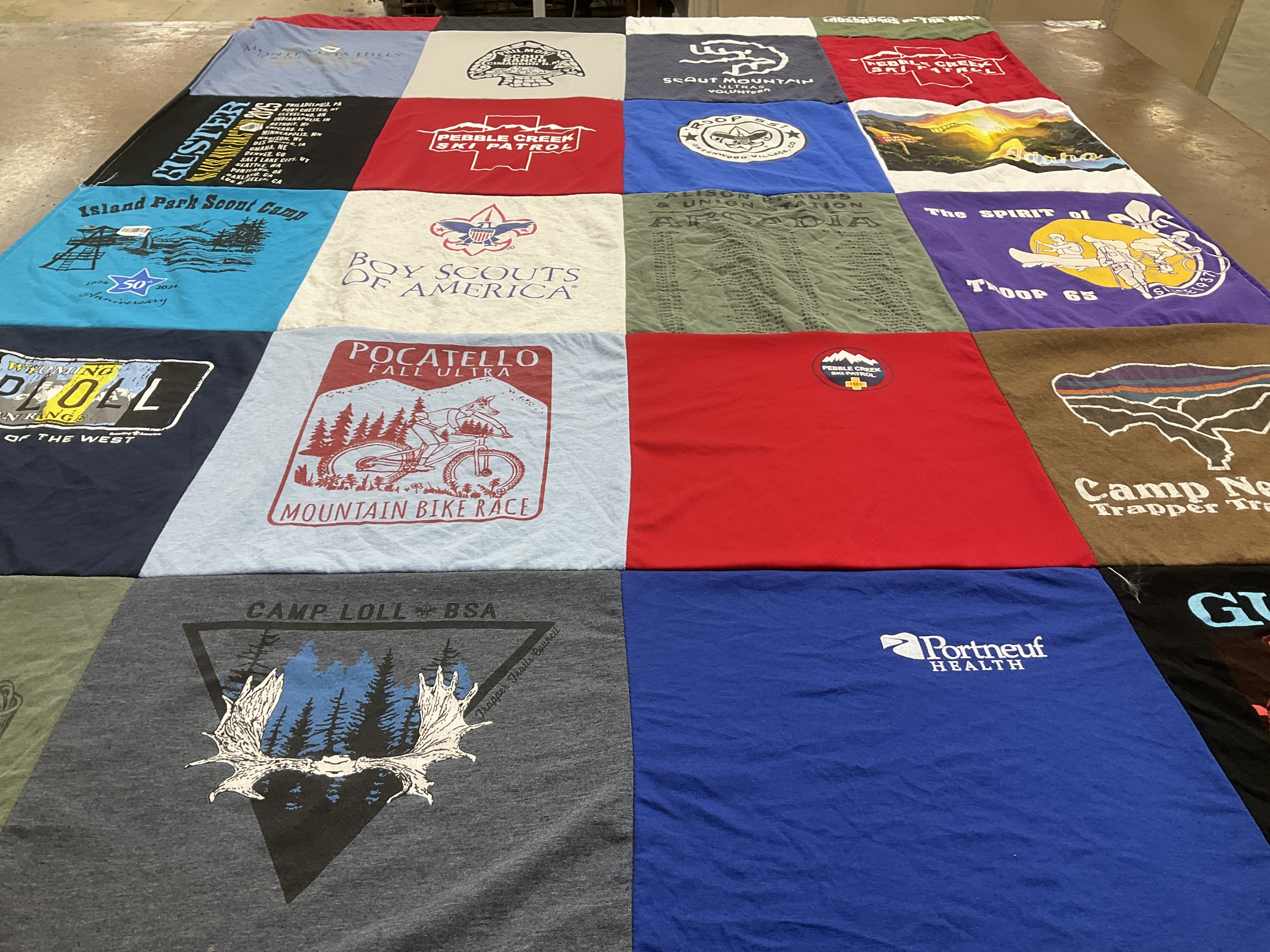 T-shirt quilt with camping, biking themes by Andrew from ID