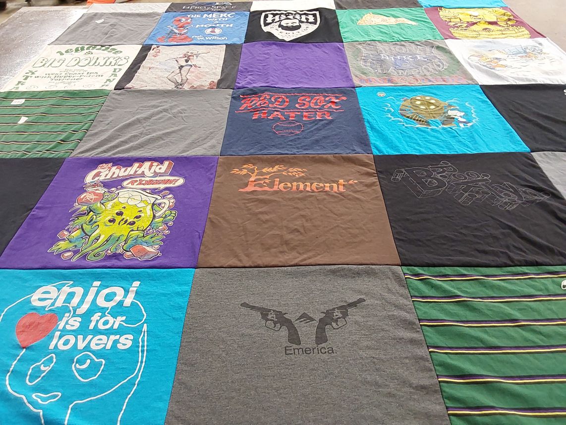 T-shirt quilt with skateboarding, horror themes by Sean from MN