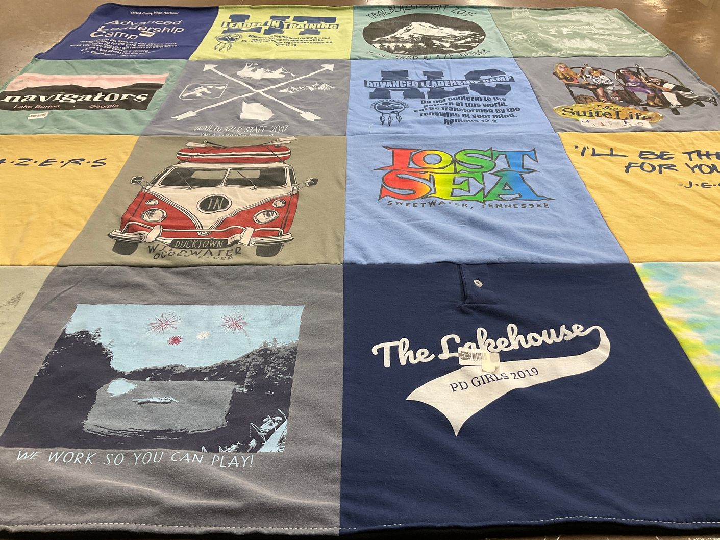 T-shirt quilt with water sports, camping themes by Savannah from GA