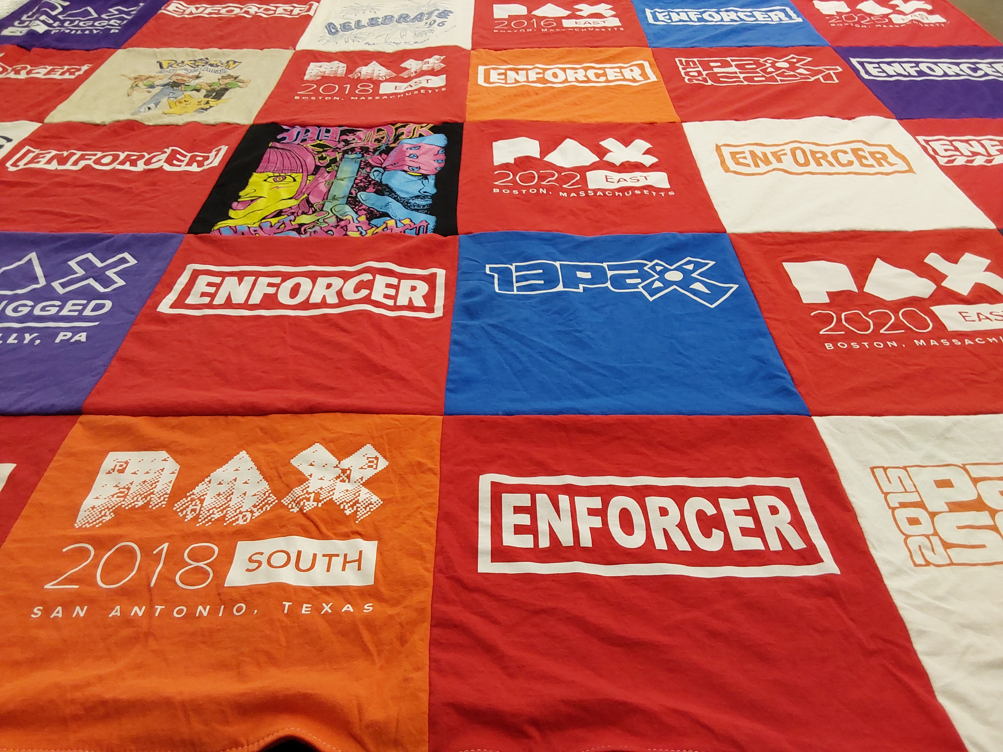 T-shirt quilt with gaming, conventions themes by Desmond from NY