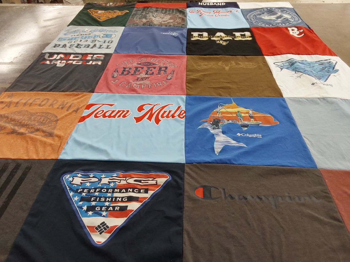 T-shirt quilt with fishing, camping themes by Stephanie from FL