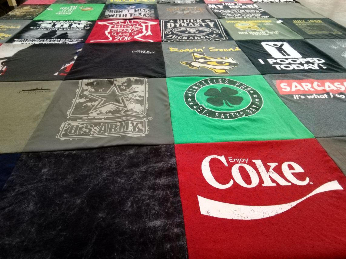 T-shirt quilt with humor, military themes by Andrea from TX