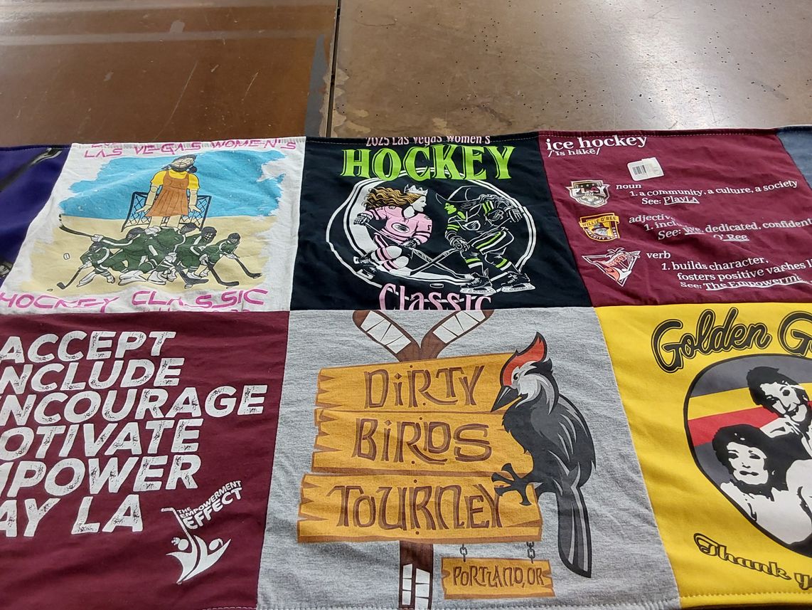 T-shirt quilt with hockey themes by Staci from NV