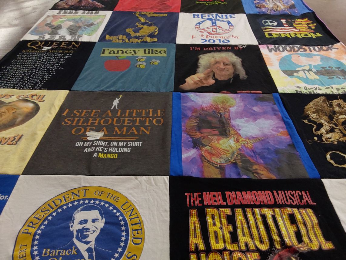 T-shirt quilt with music, politics themes by Heather from WY