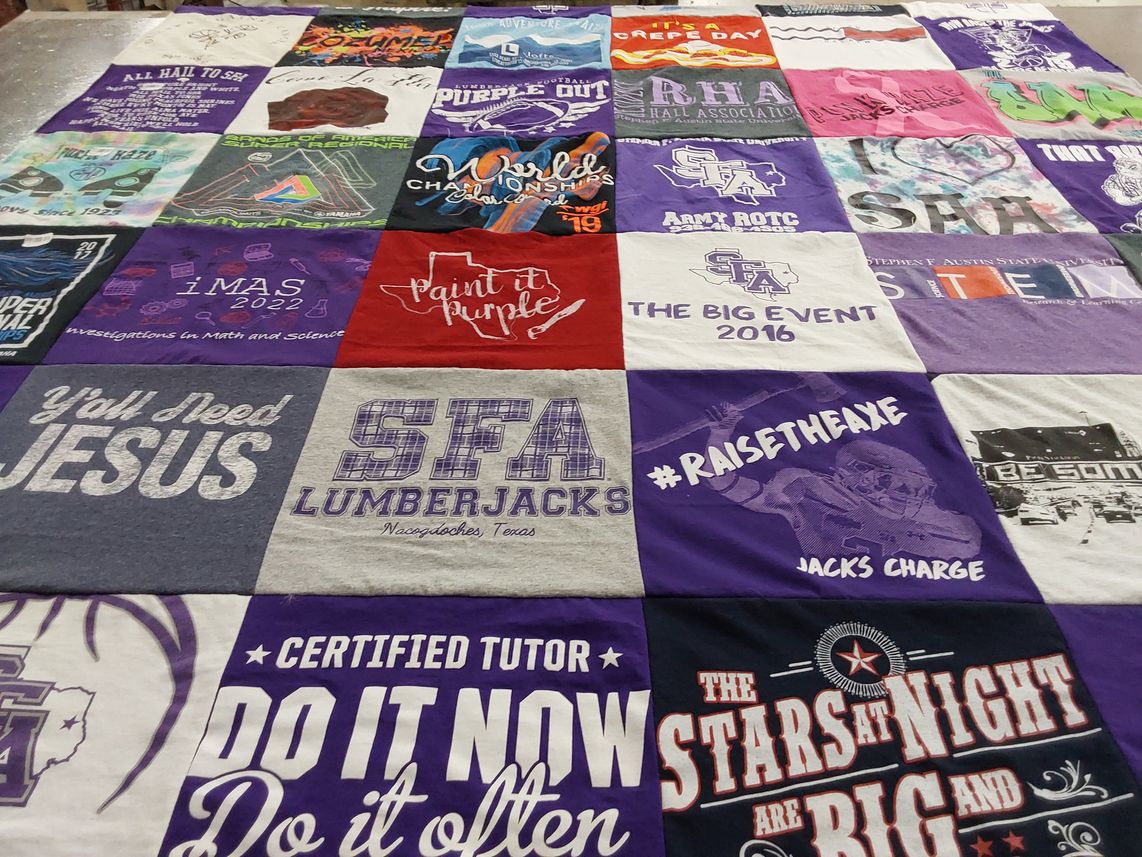 T-shirt quilt featuring sfa lumberjacks by Trudy from TX