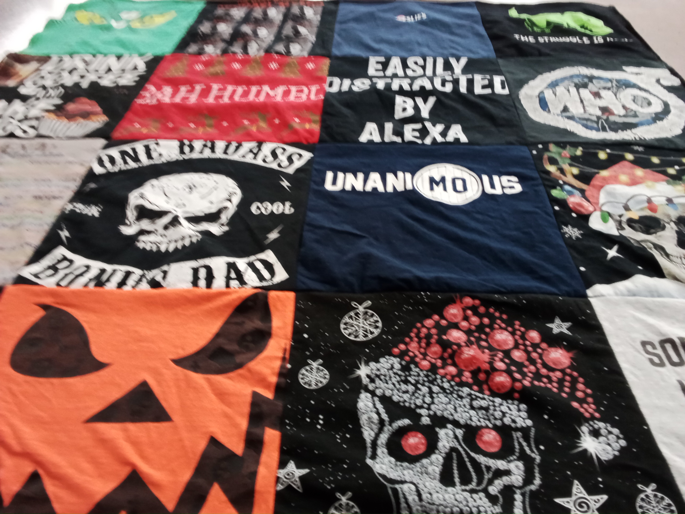 T-shirt quilt with skulls, halloween themes by Kathleen from NJ