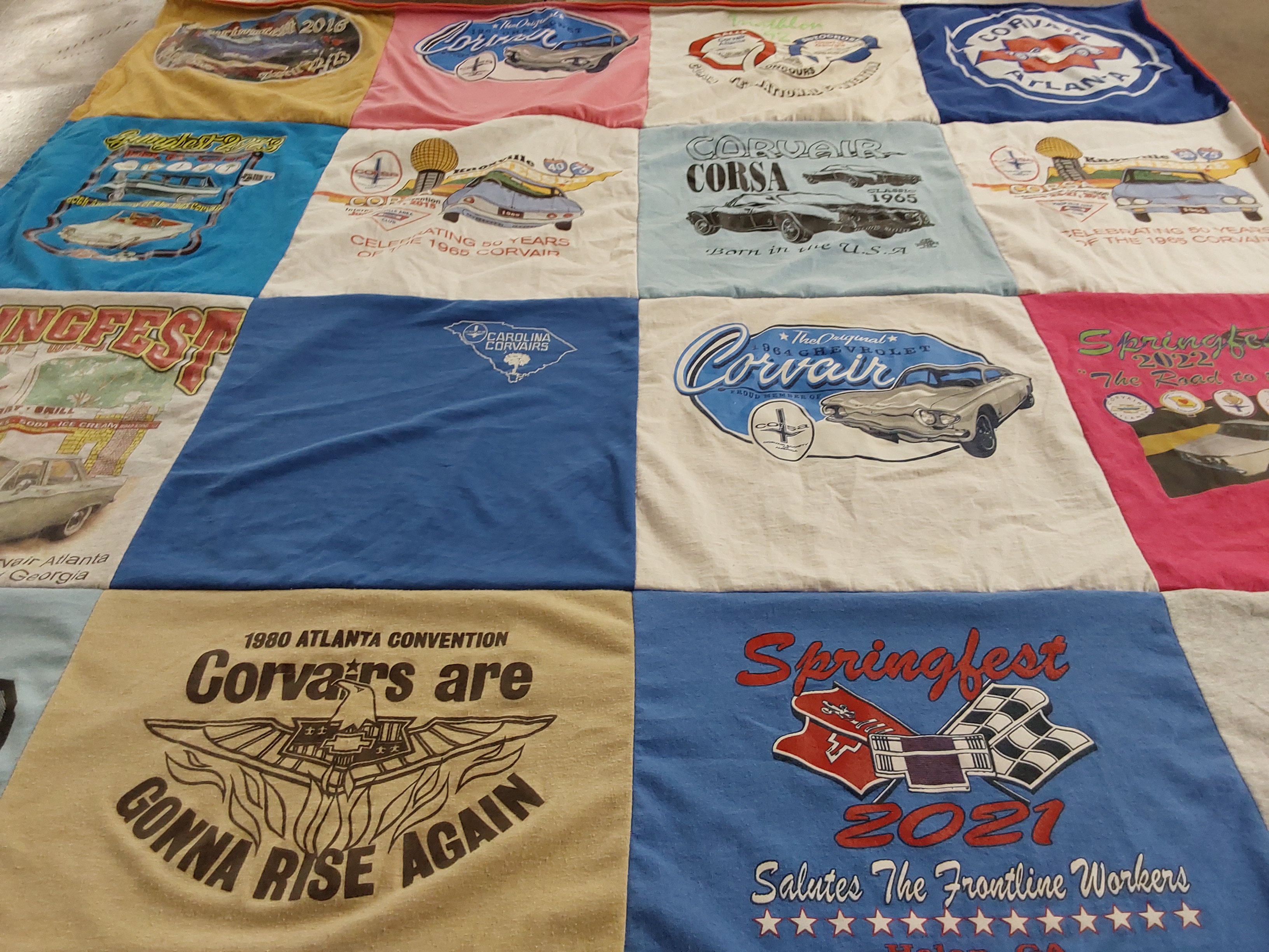 T-shirt quilt with corvair cars, car shows themes by Beth from GA