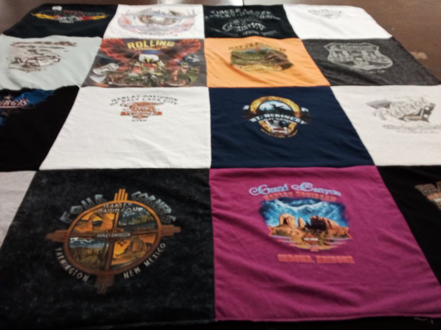 T-shirt quilt with motorcycling, travel themes by Margaret from PA
