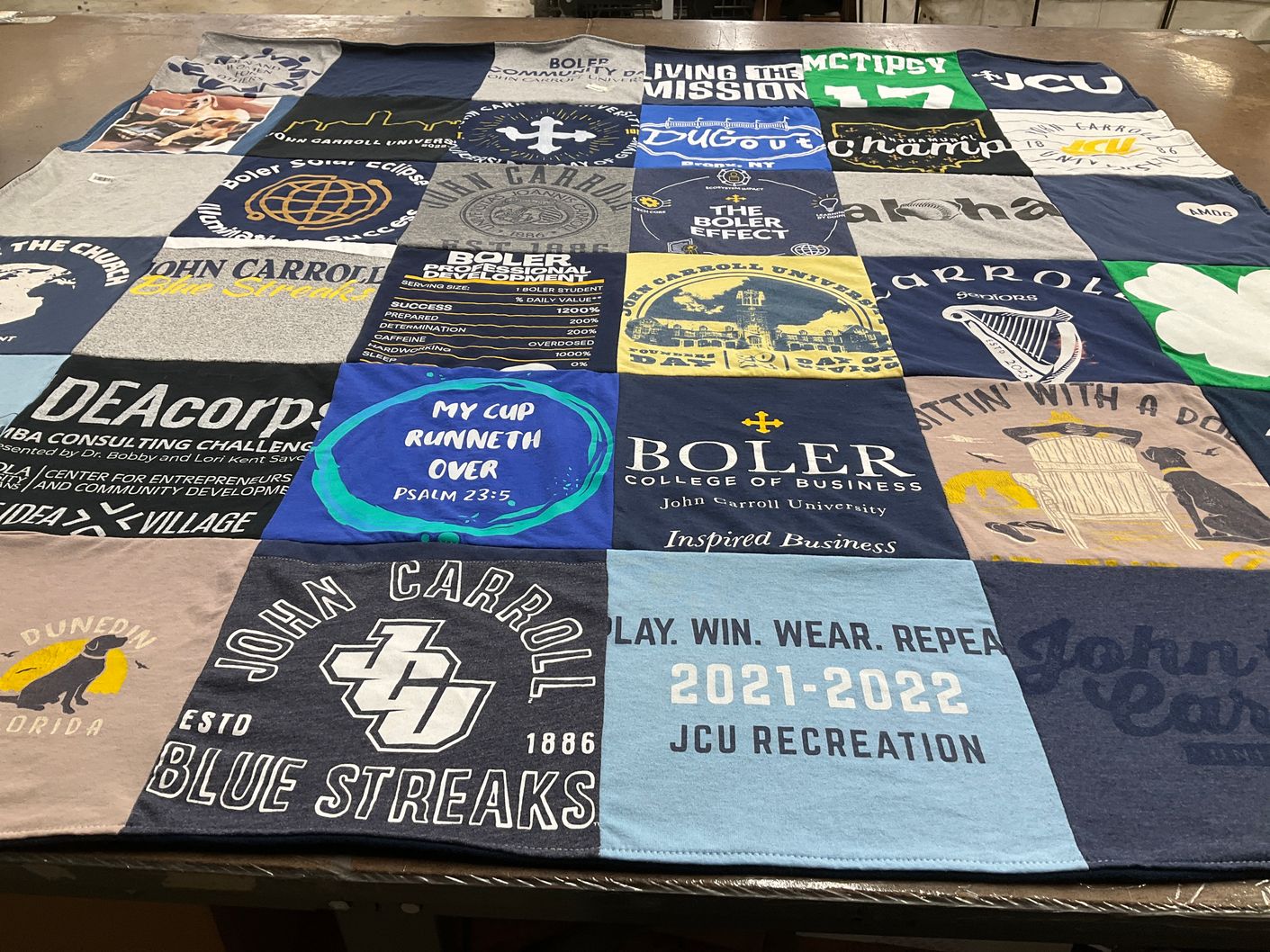 T-shirt quilt featuring john carroll blue streaks by Elizabeth from OH