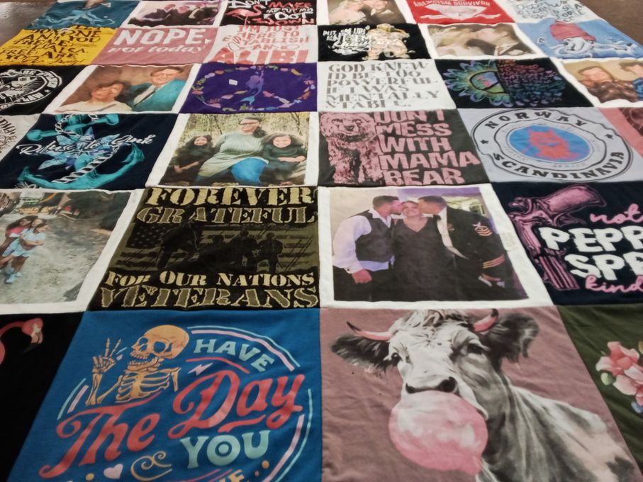 T-shirt quilt with veteran support, family themes by Julie from AK