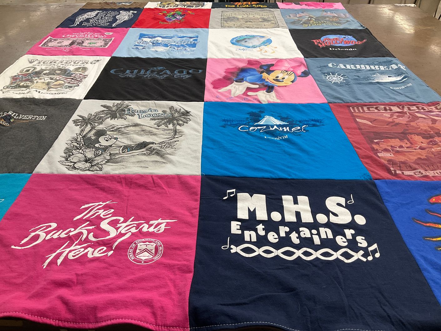 T-shirt quilt with travel, music themes by KIMI from OK