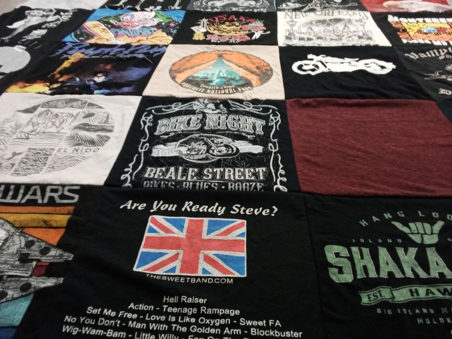 T-shirt quilt with music, motorcycles themes by Jonathan from CA