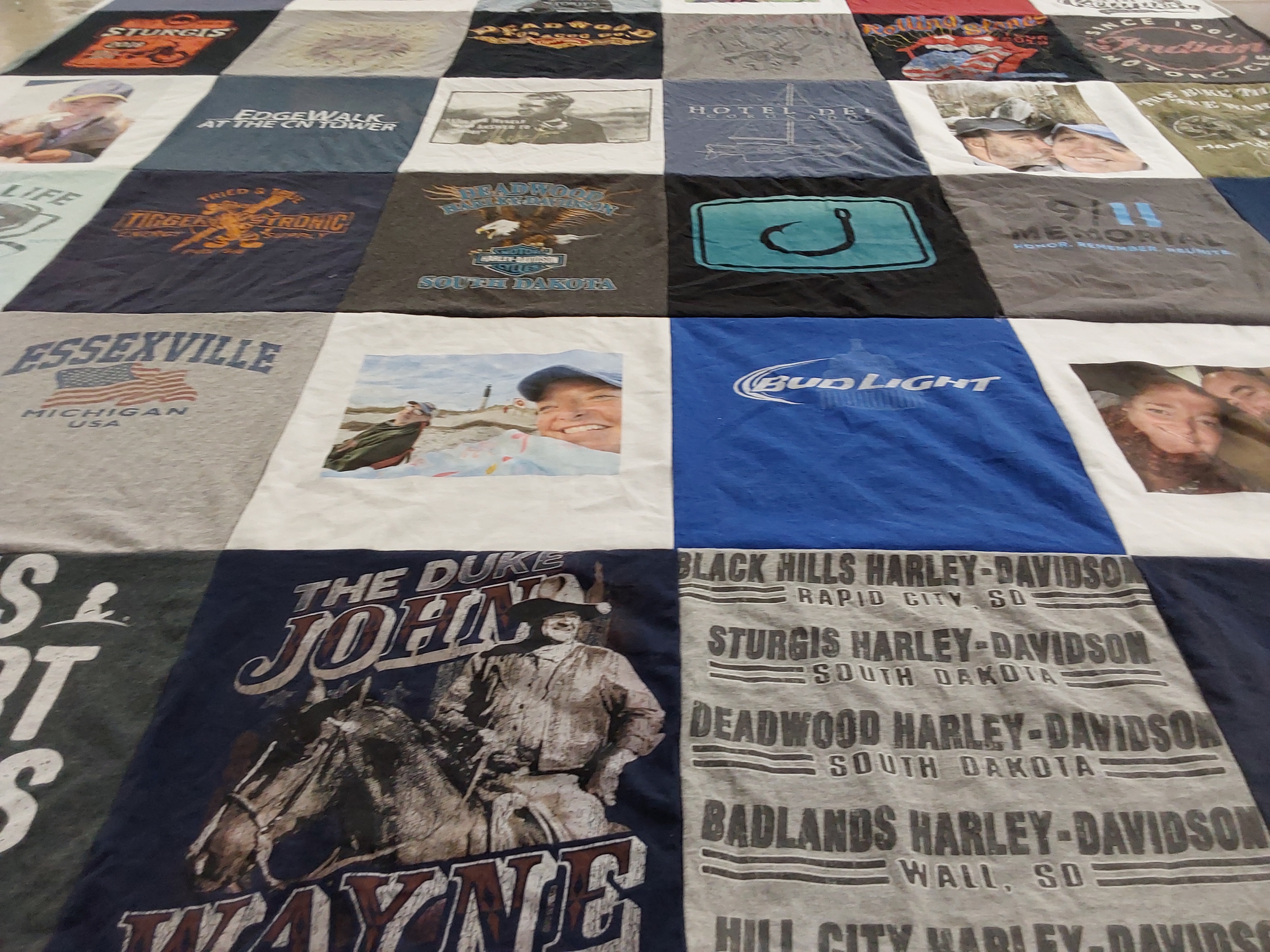 T-shirt quilt with motorcycles, travel themes by Elizabeth from MD