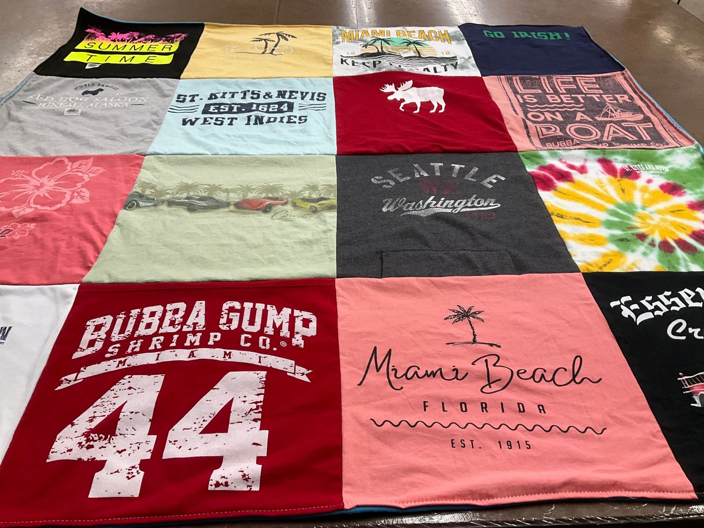 T-shirt quilt with beach, cooking themes by Connie from IN