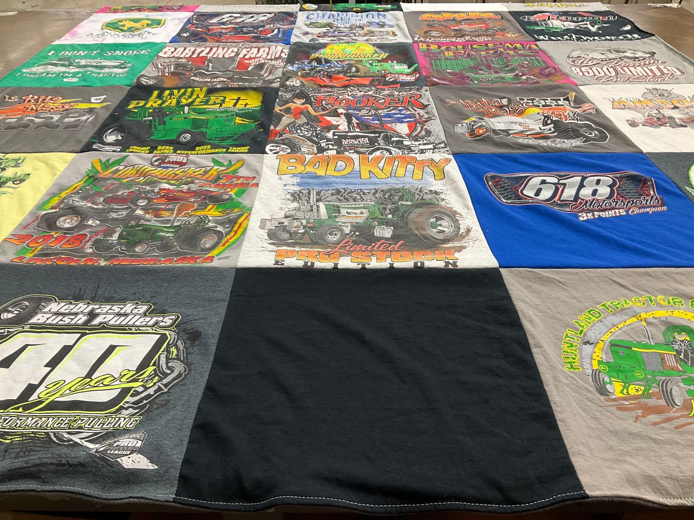 T-shirt quilt with tractor pulling, motorsports themes by jen from MN