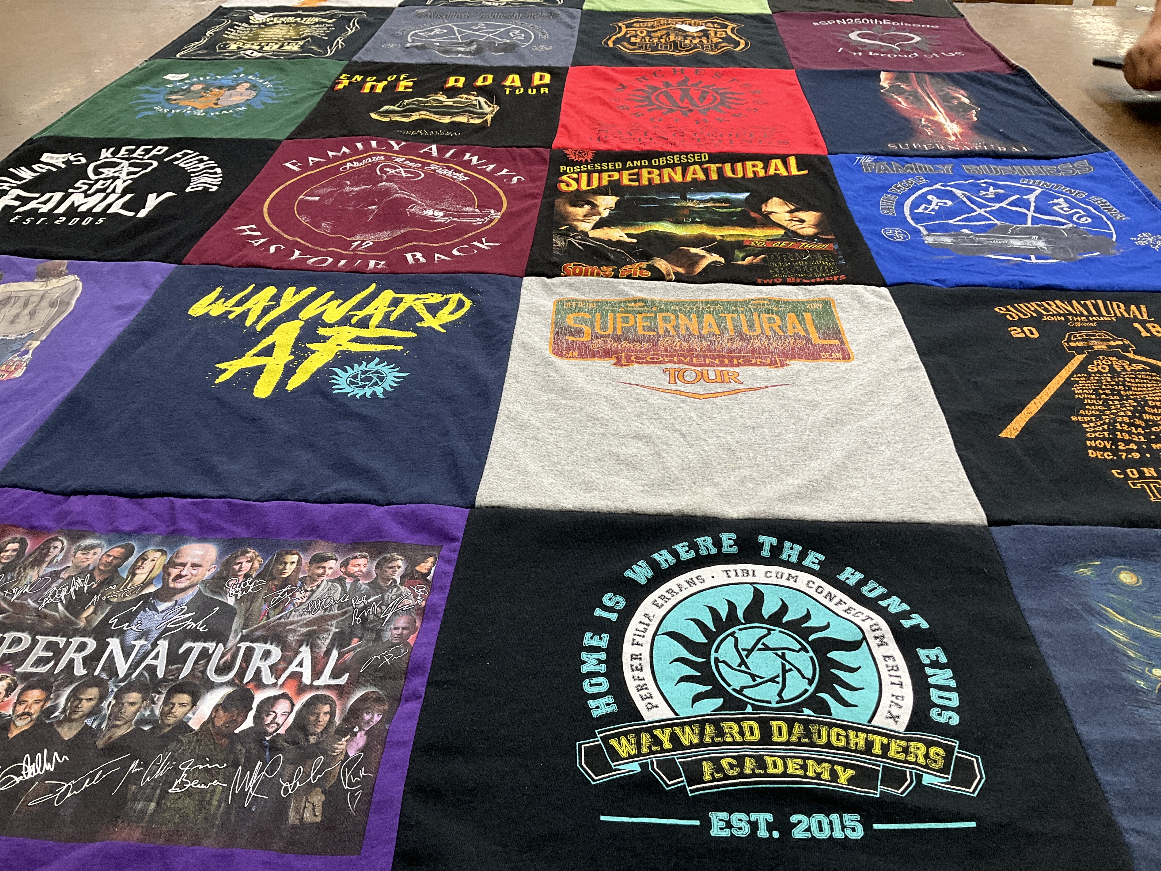 T-shirt quilt with supernatural, fandom themes by Rochelle from AZ
