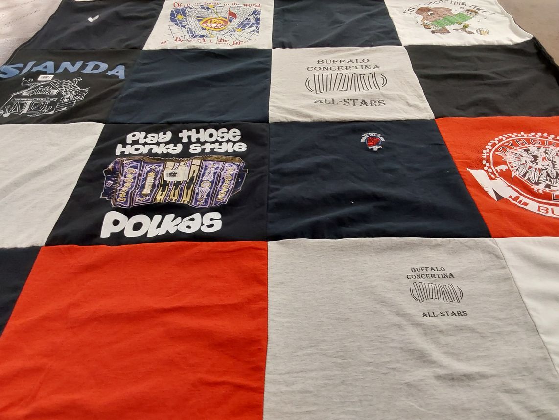 T-shirt quilt with music, polka themes by Jill from NY