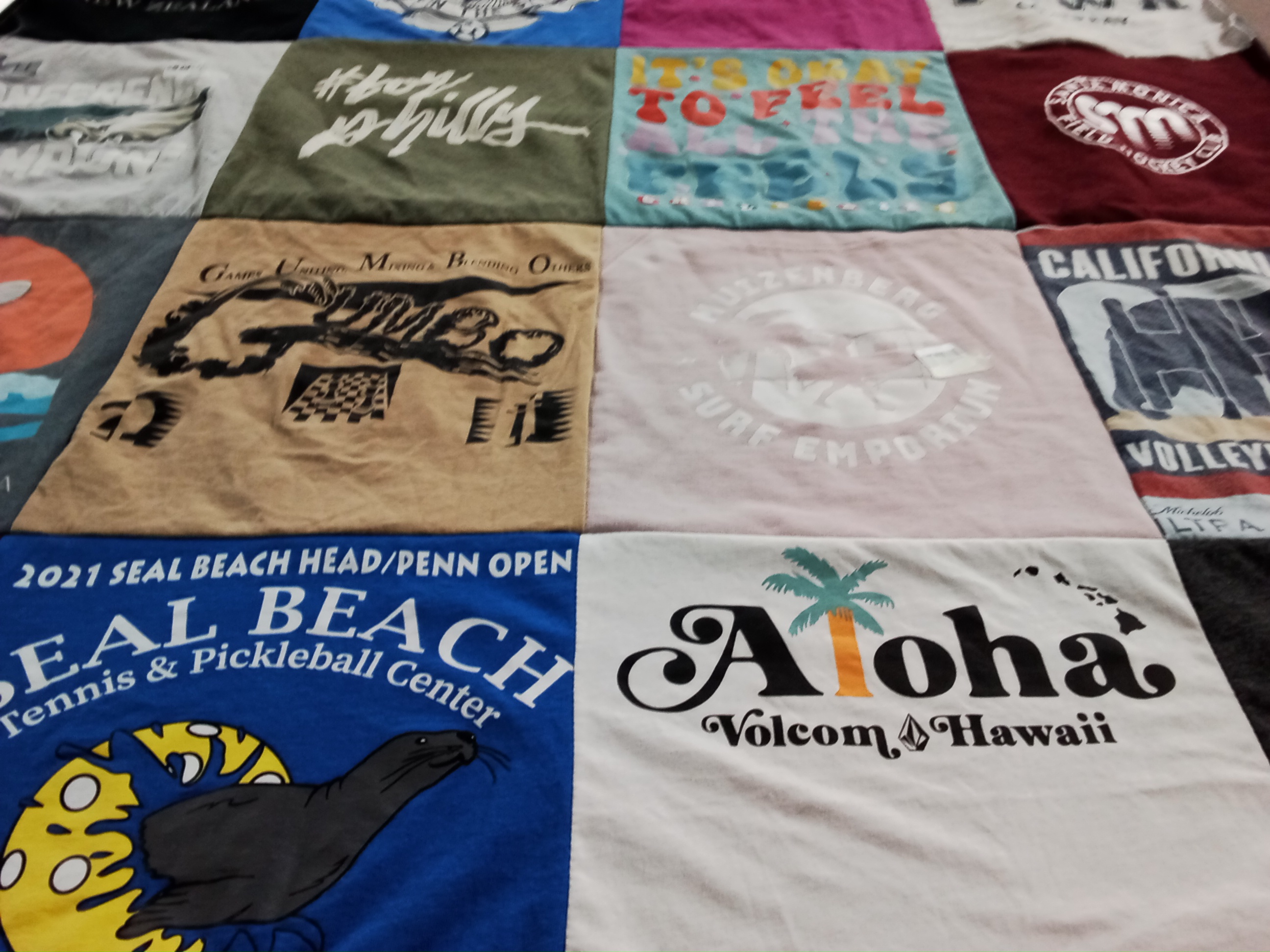 T-shirt quilt with surfing, pickleball themes by Rachel from IL