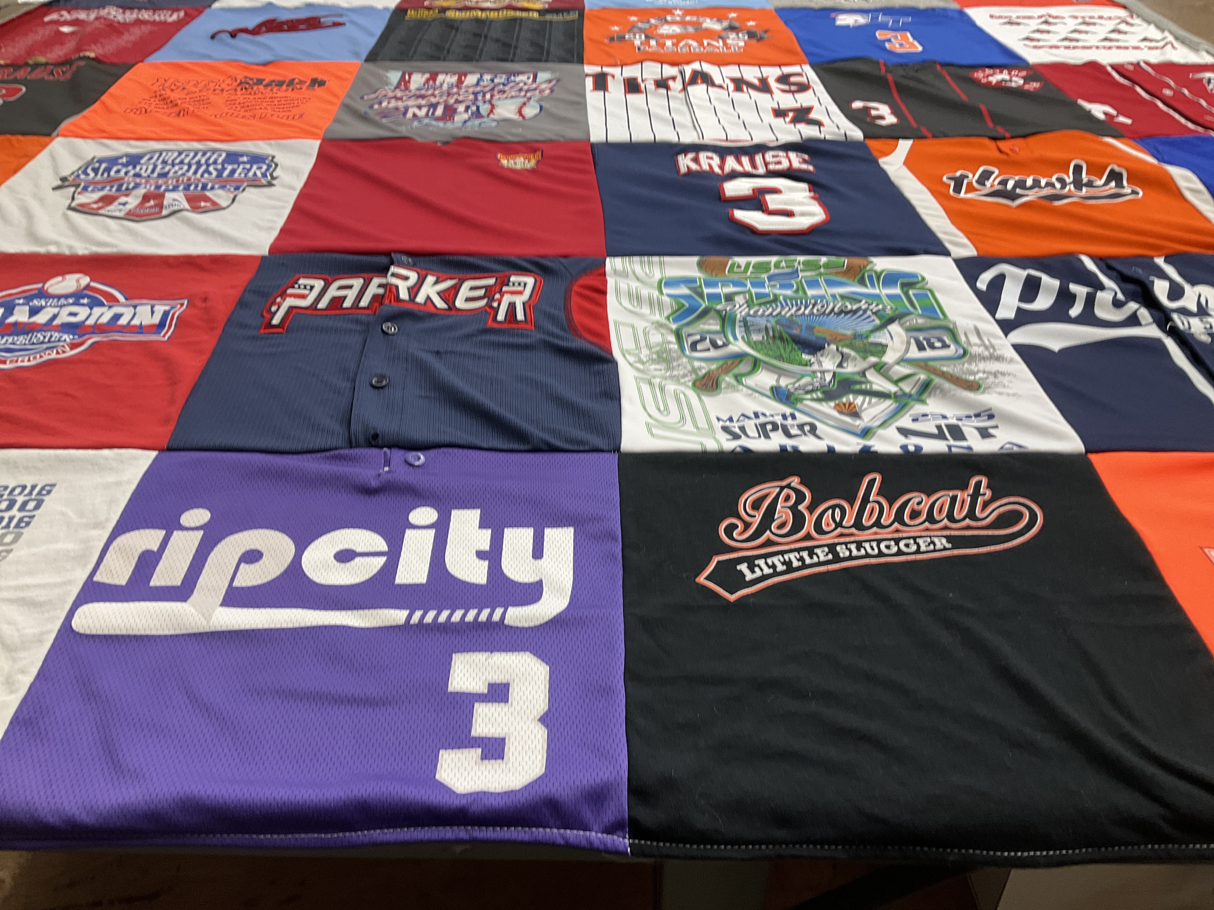 T-shirt quilt with sports, youth baseball themes by Erin from CO