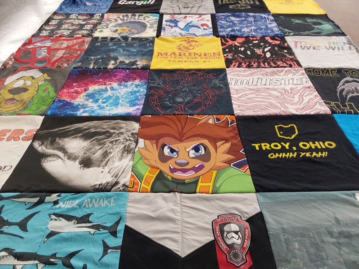 T-shirt quilt with gaming, marines themes by David from NC