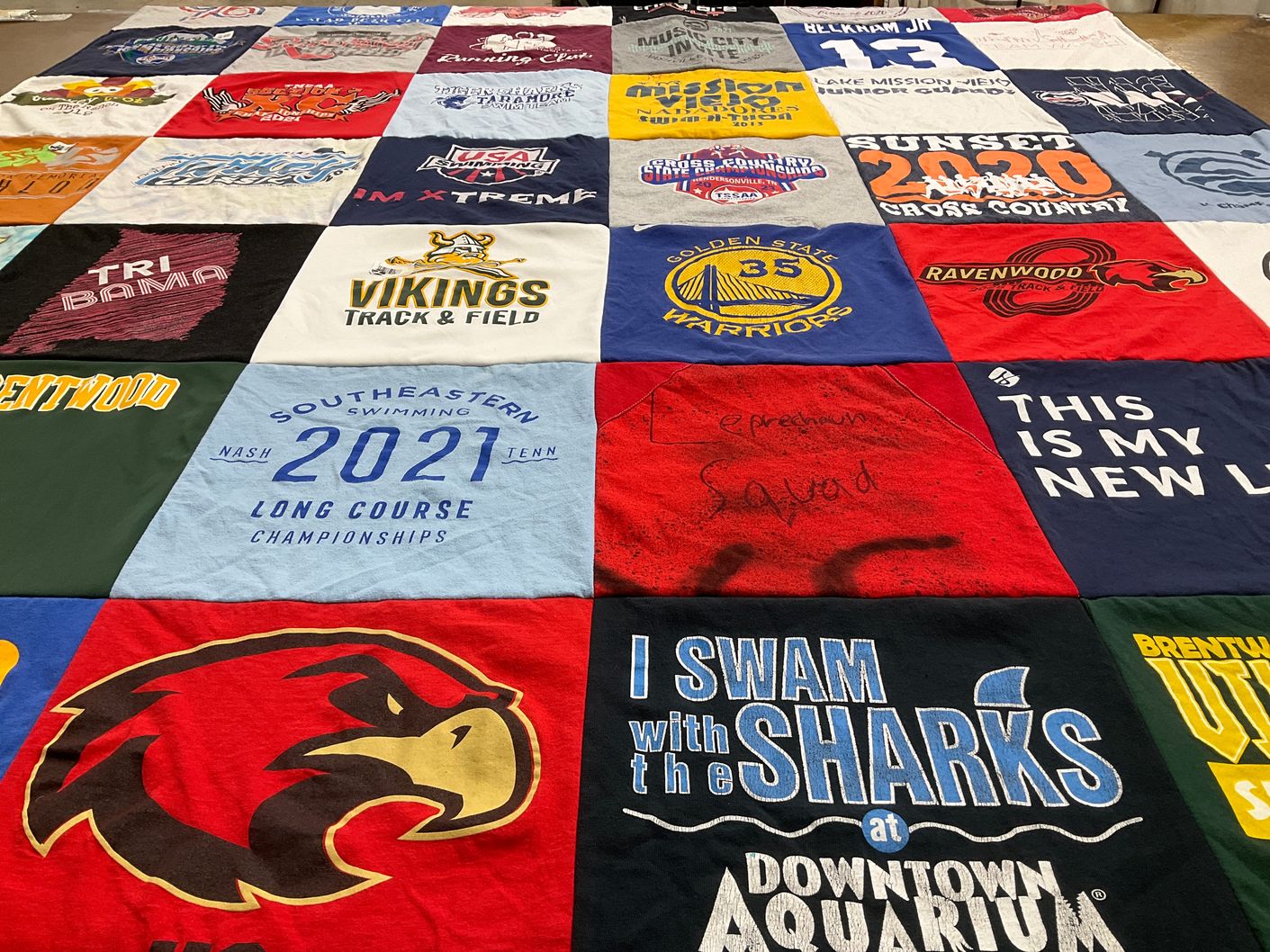 T-shirt quilt featuring golden state warriors, ravenswood track and field by Debby from TN