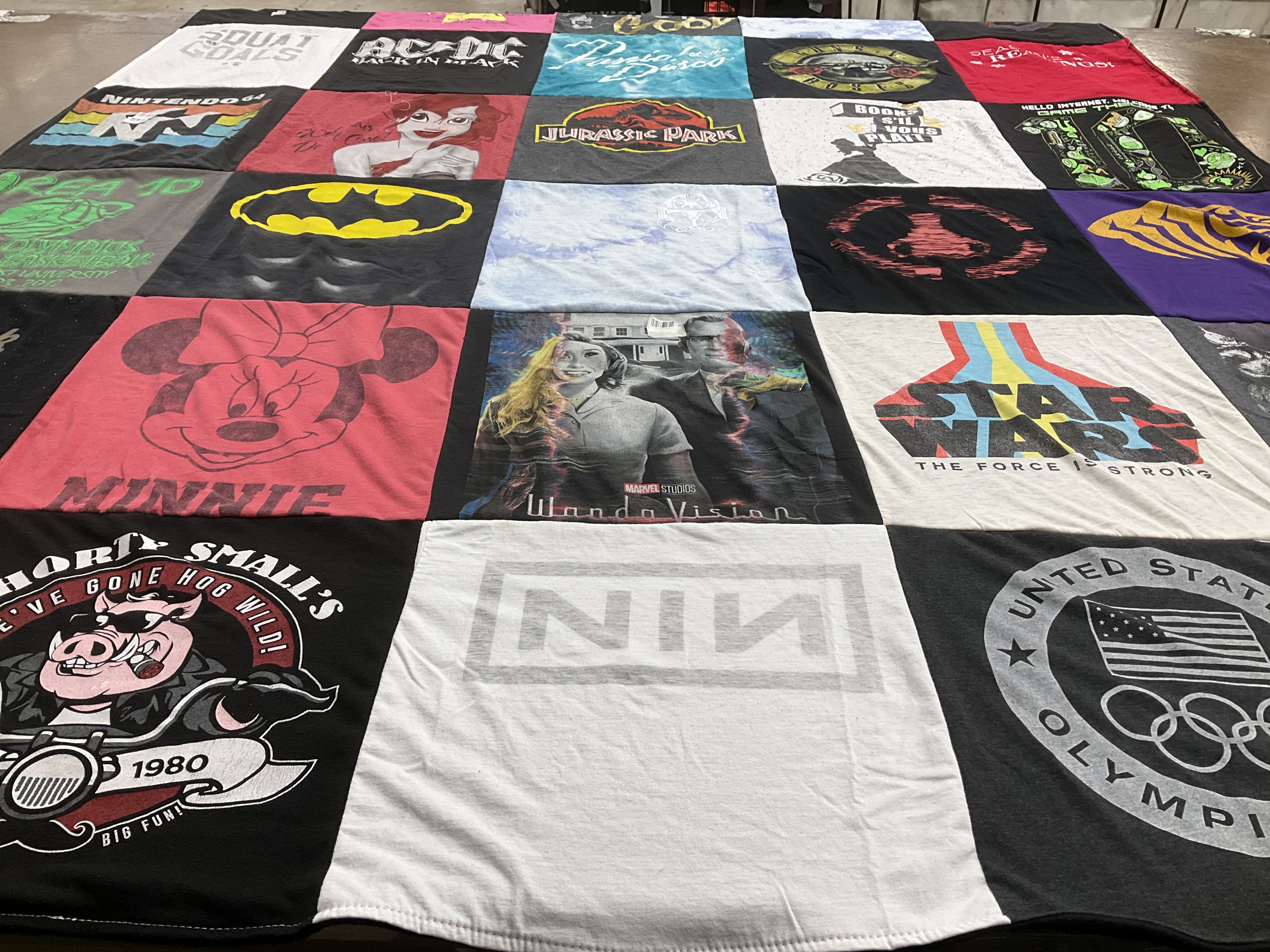 T-shirt quilt with music, movies themes by Mackenzie from AR