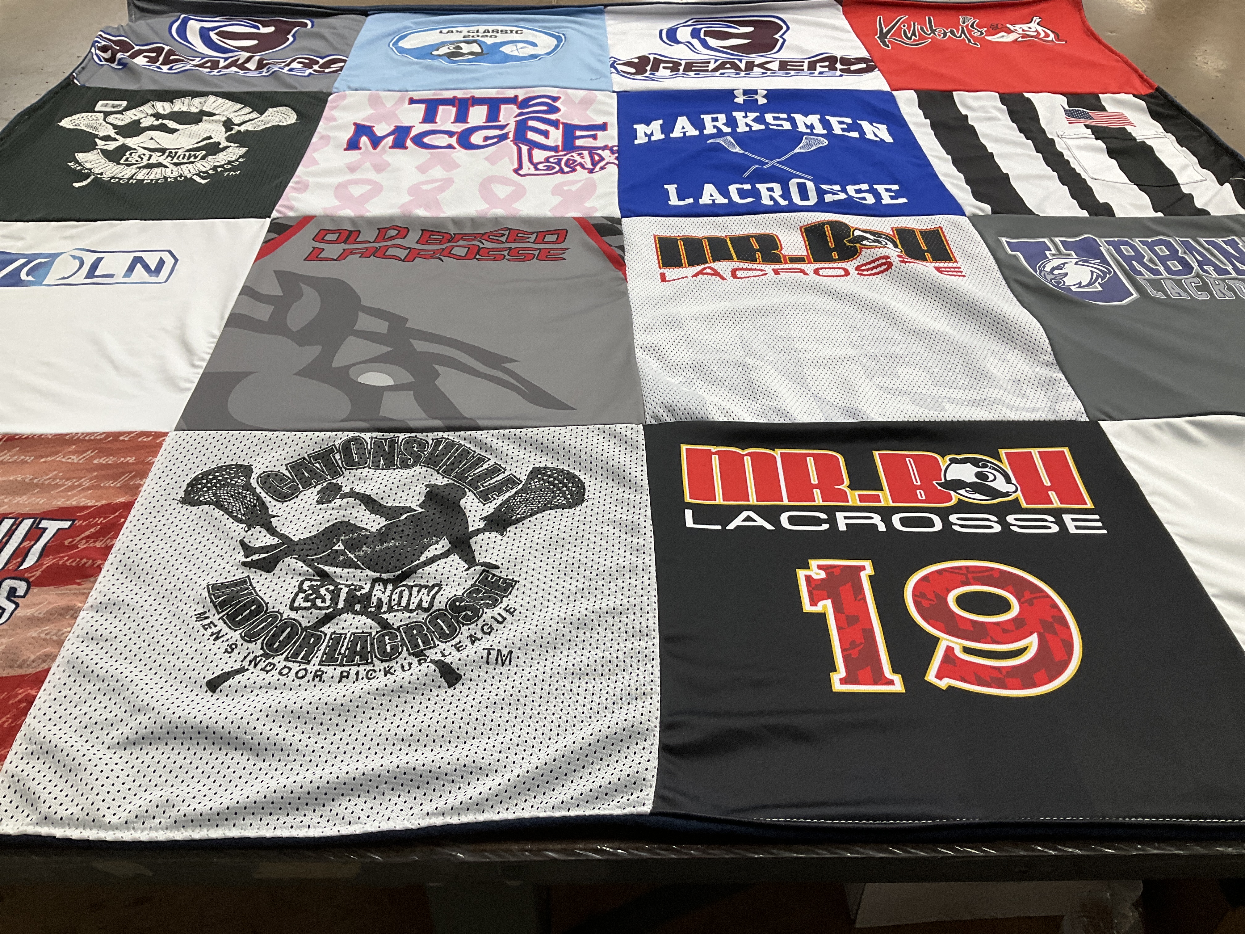 T-shirt quilt with lacrosse, sports themes by Corinne from MD