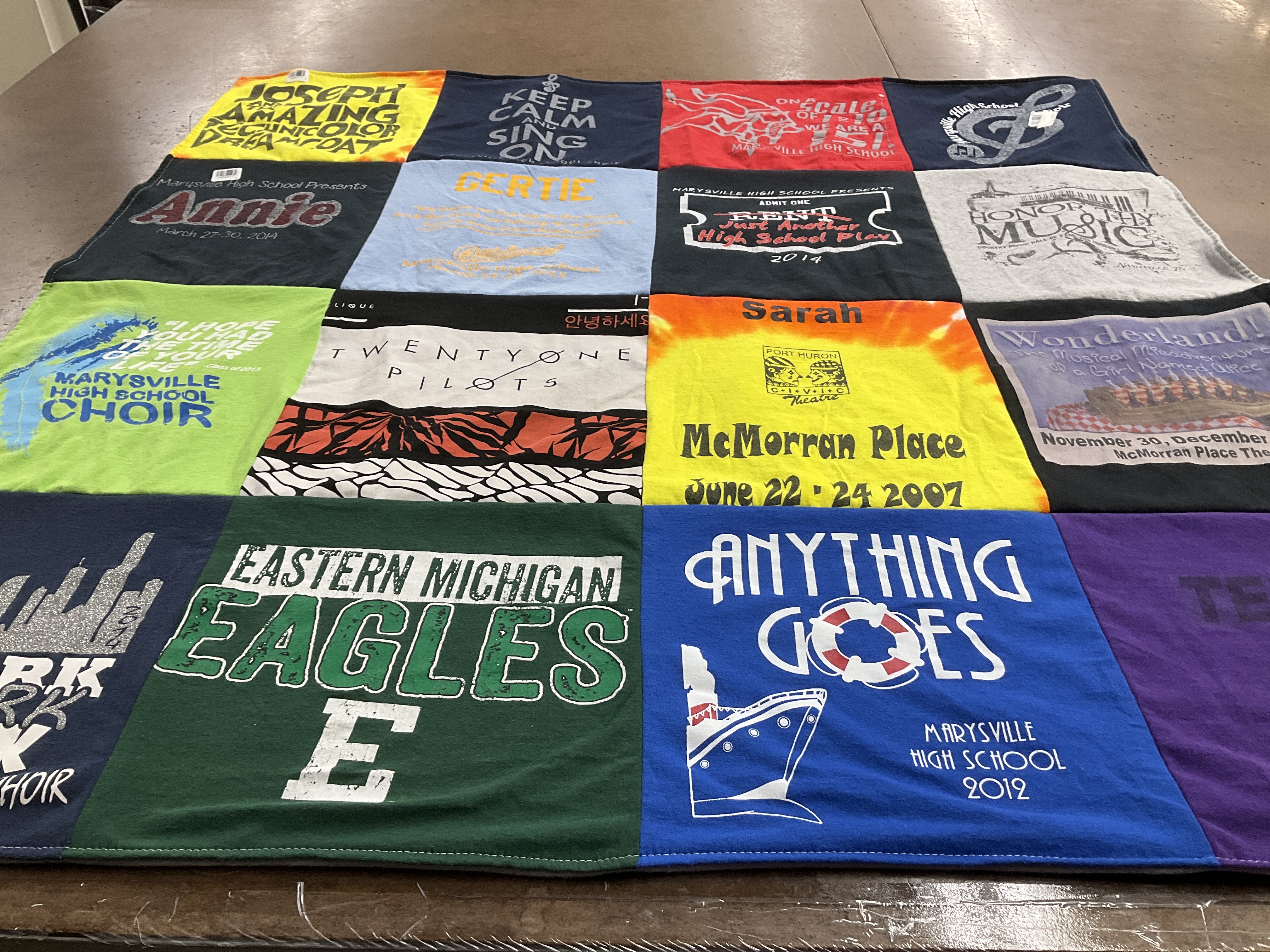 T-shirt quilt from eastern michigan university, marysville high school by SHEILA from NM