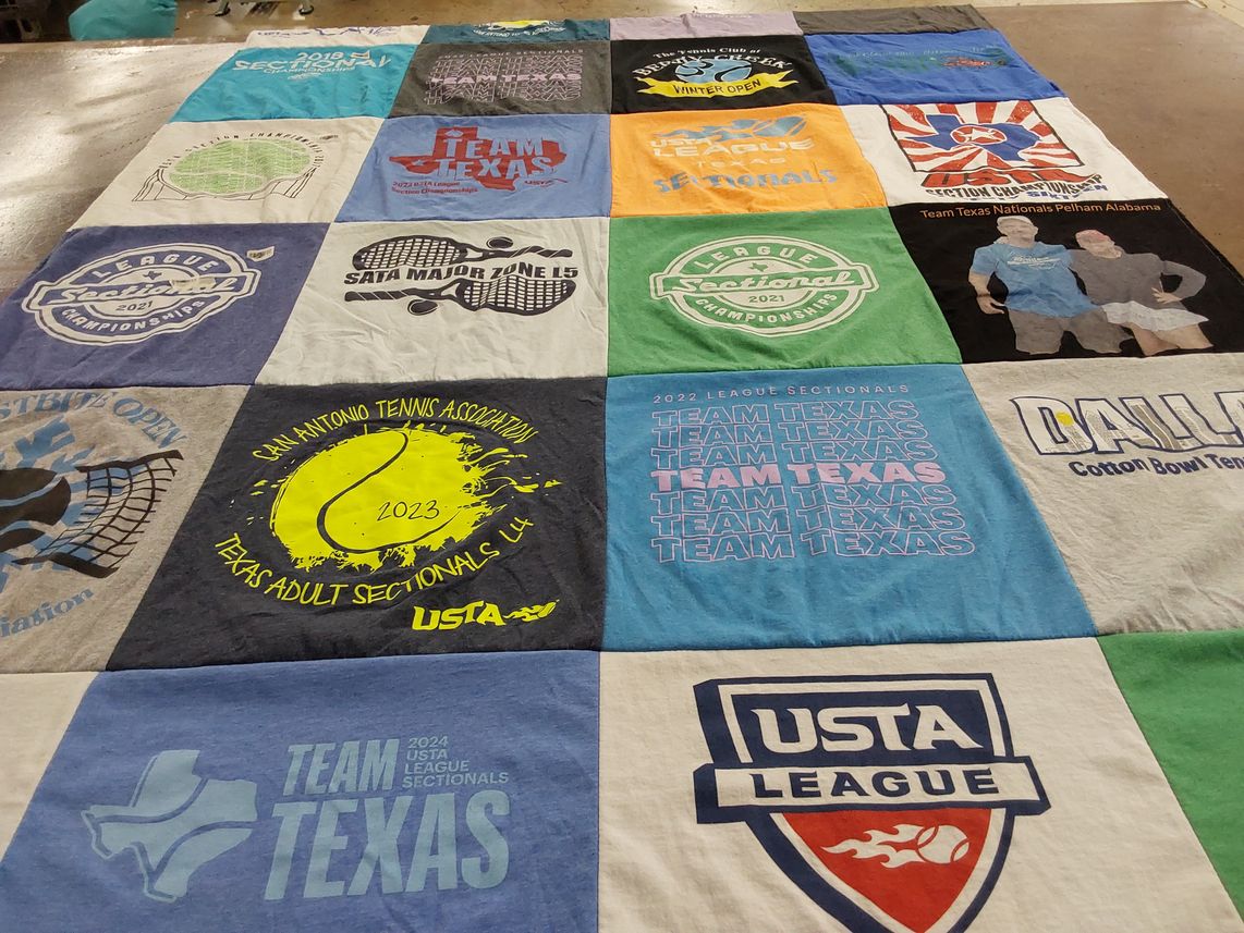 T-shirt quilt with tennis themes by Lisa from TX