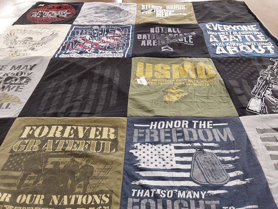 T-shirt quilt with military, patriotism themes by VeRonica from TX