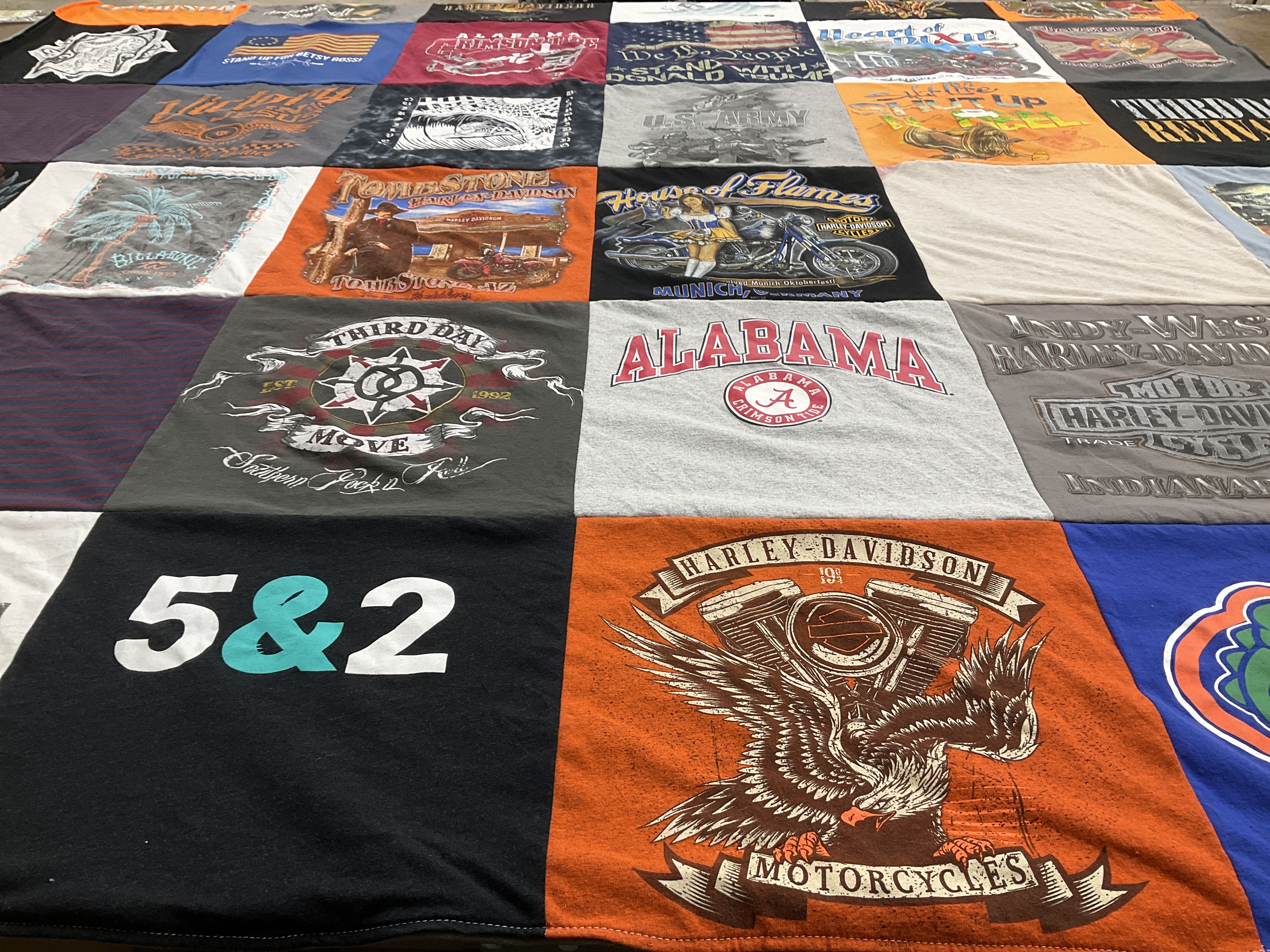 T-shirt quilt with motorcycles, music themes by Emily from MI