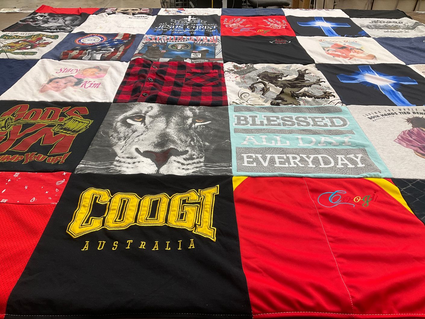 T-shirt quilt with fitness, religion themes by Kim from MI