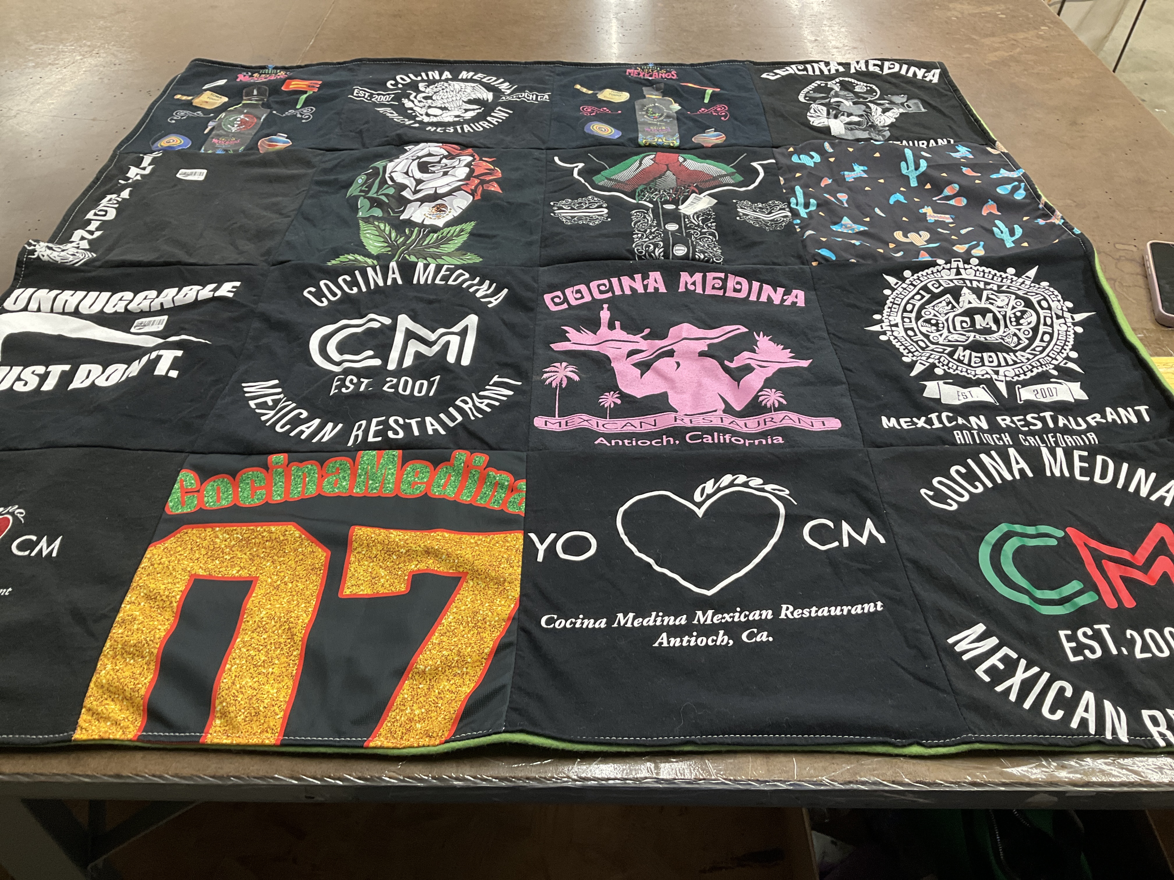 T-shirt quilt with mexican cuisine, cooking themes by Alma from CA