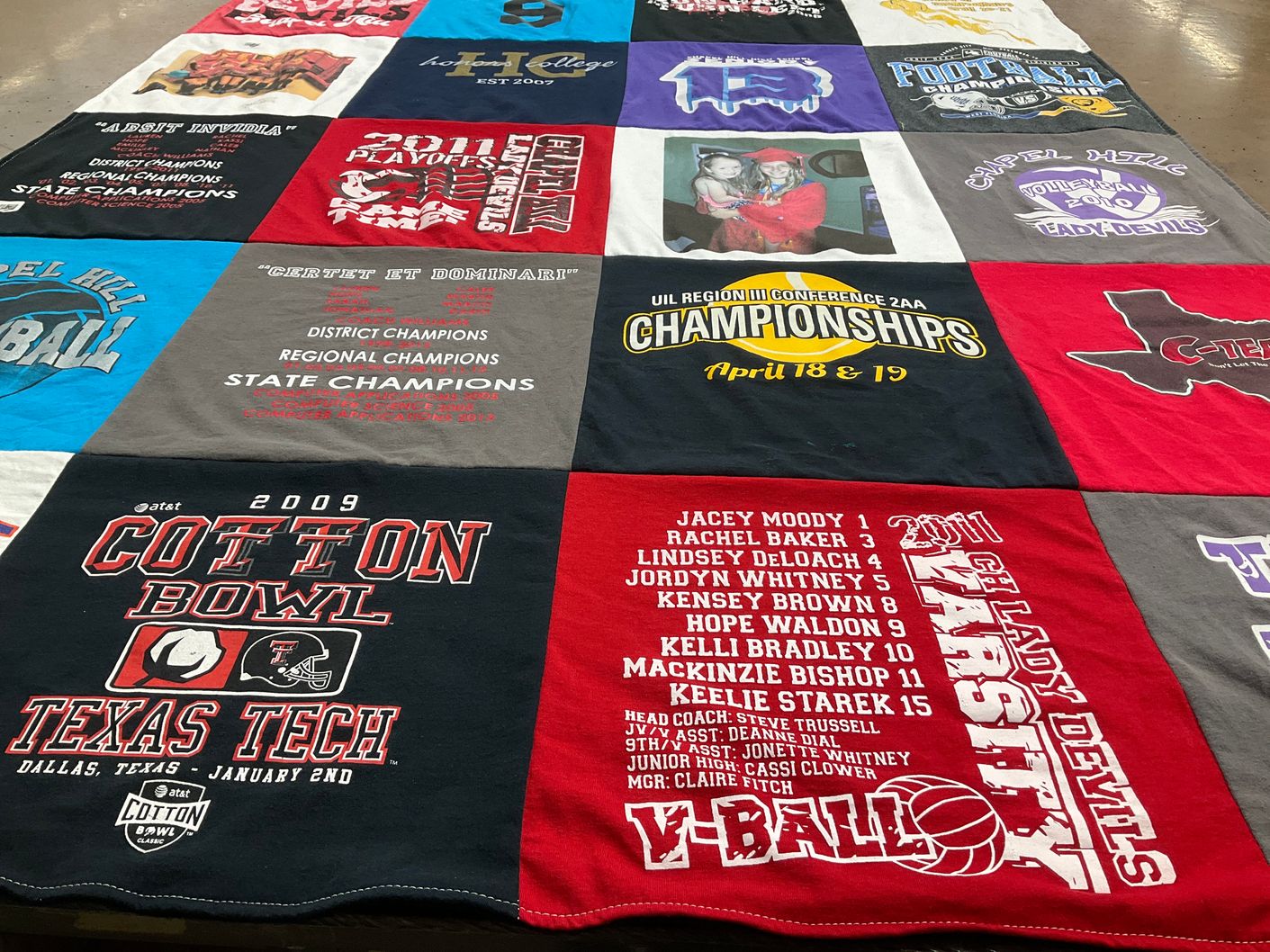 T-shirt quilt featuring chapel hill lady devils, texas tech football team by Hope from TX