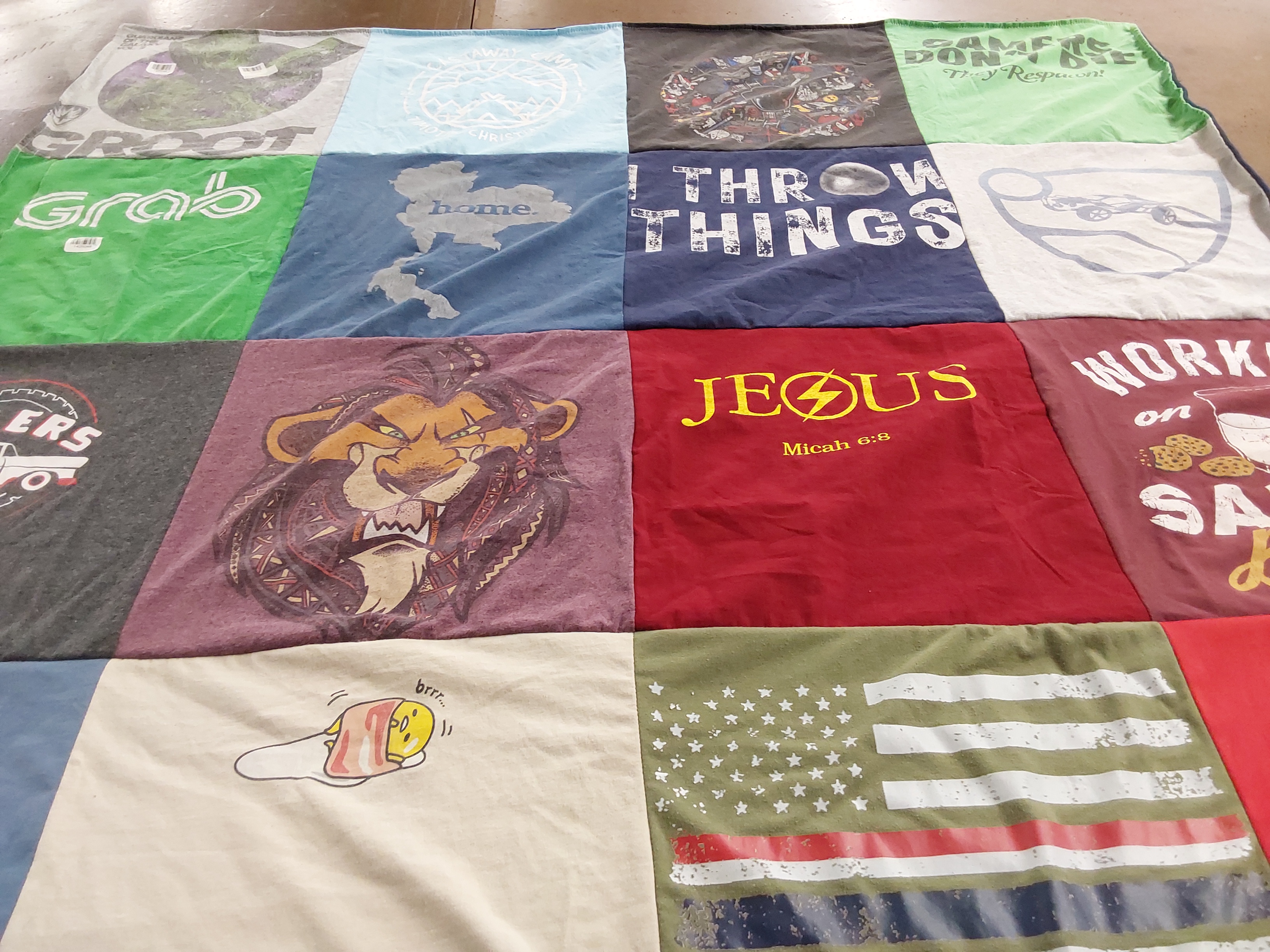 T-shirt quilt with cartoons, religion themes by Allison from IL