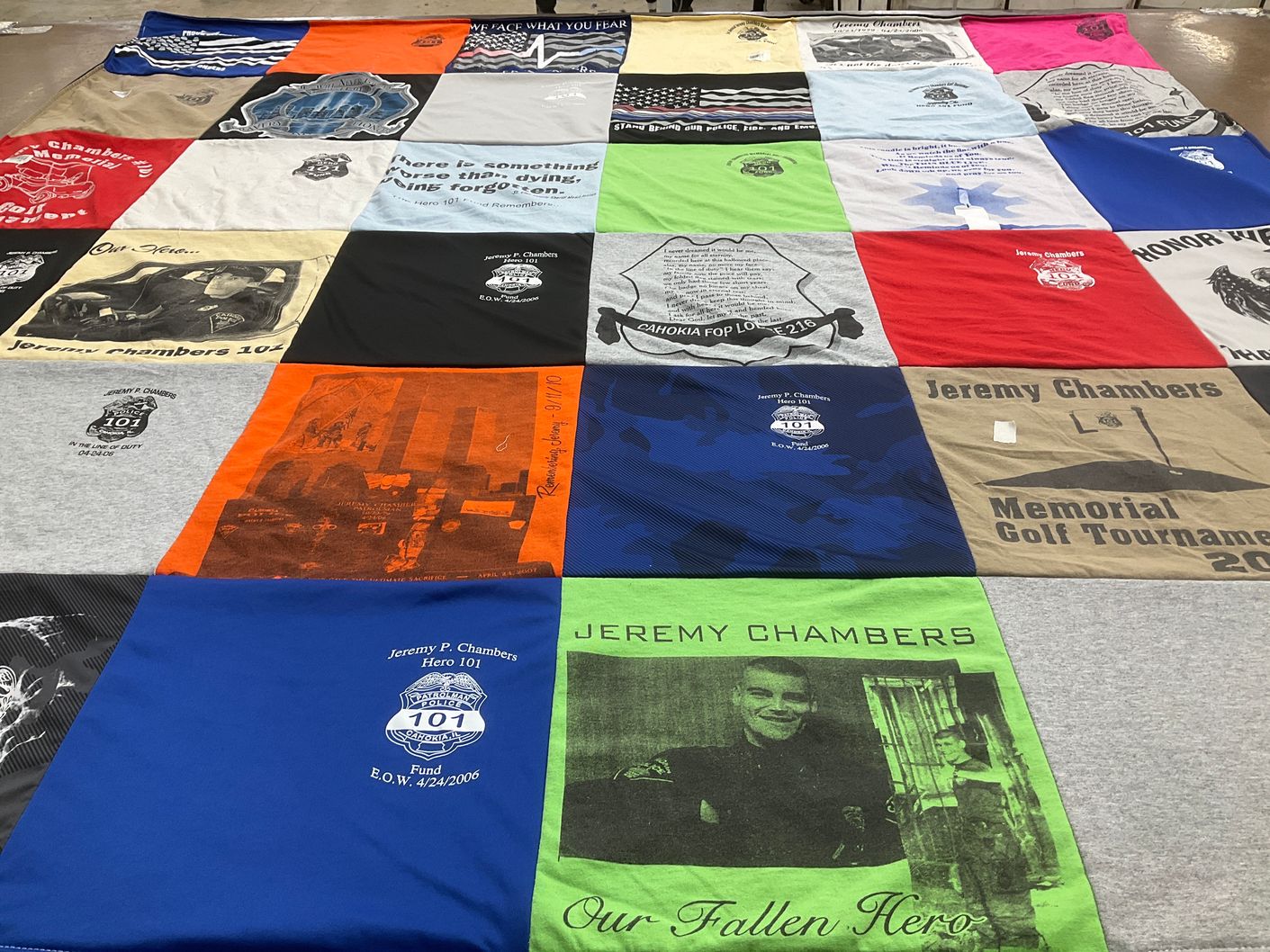 T-shirt quilt with law enforcement, memorials themes by Sherri from IL