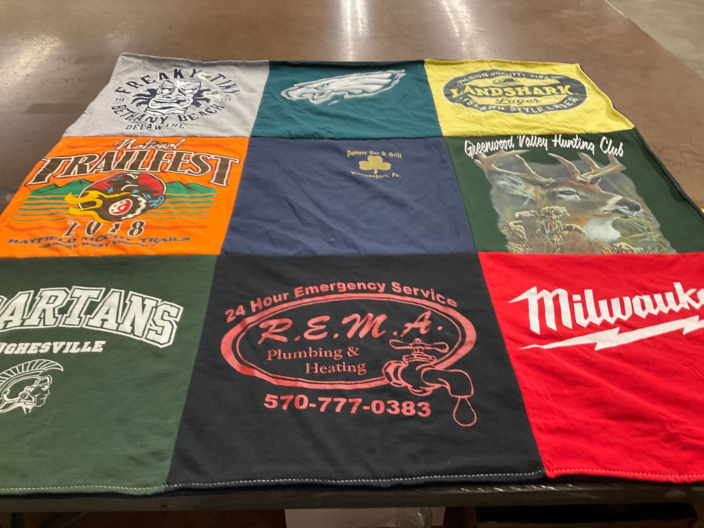 T-shirt quilt featuring eastern university eagles, lycoming college spartans by Abigail from PA