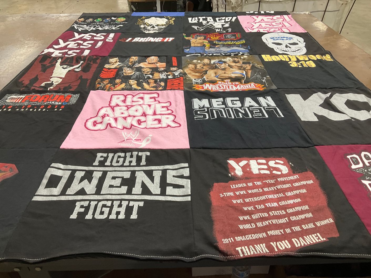 T-shirt quilt with wrestling, health themes by Joan from CA