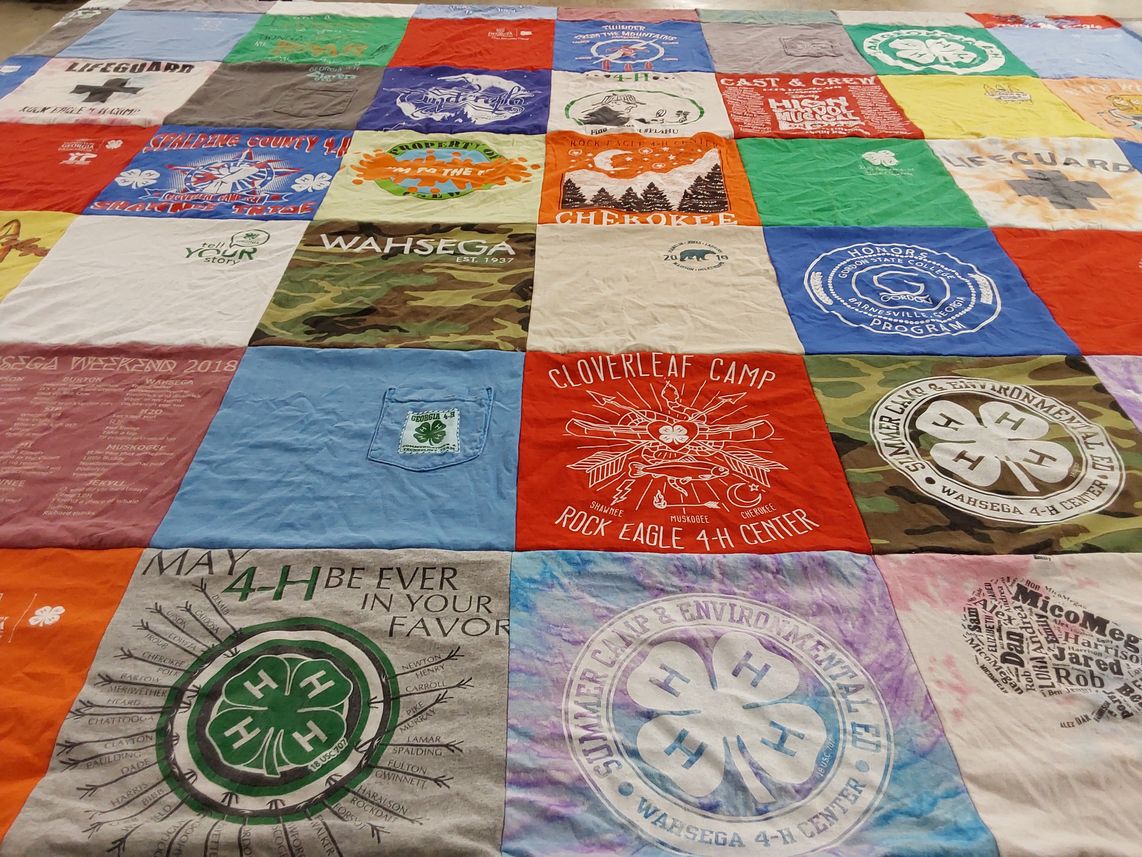 T-shirt quilt with camping, youth programs themes by Rebekah from GA