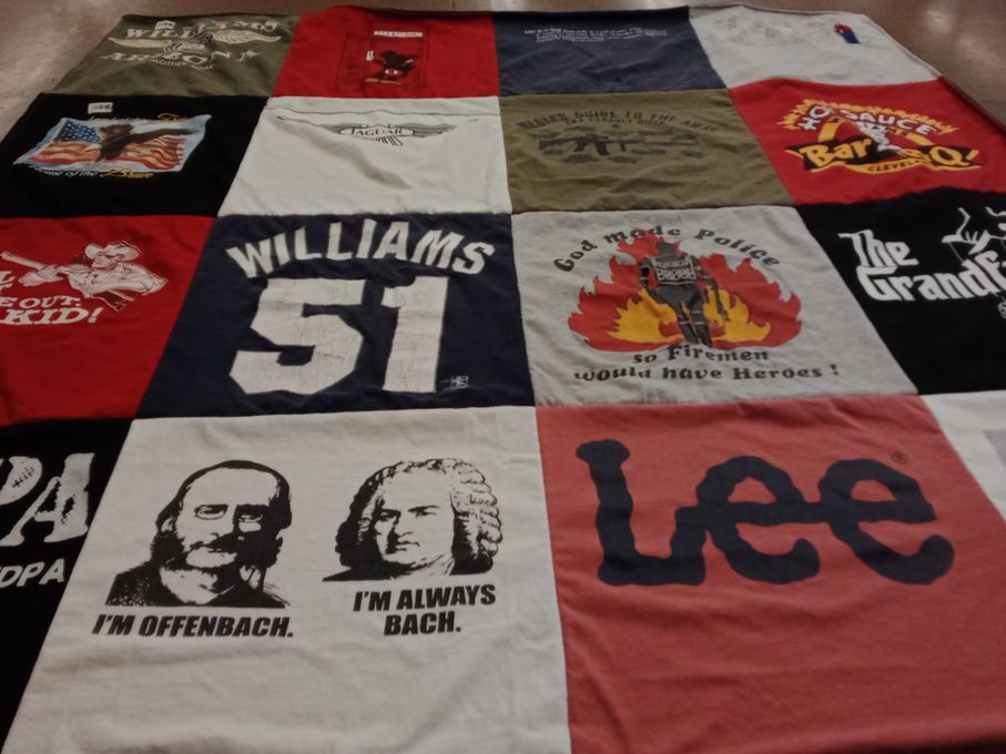 T-shirt quilt with music, firefighters themes by Laura from AZ