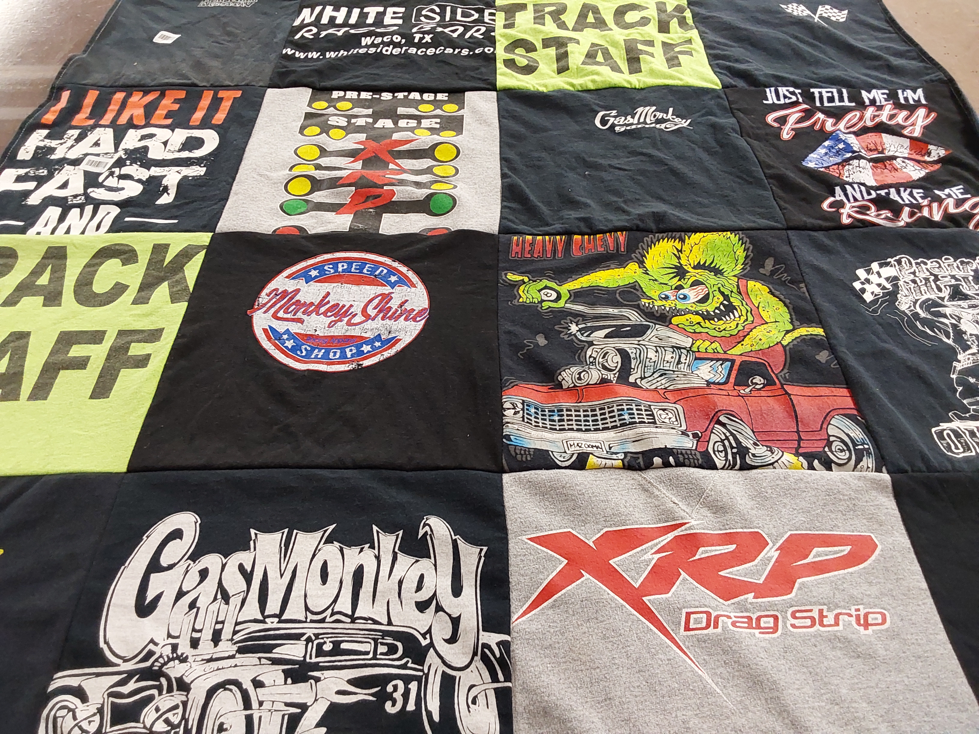 T-shirt quilt with drag racing, cars themes by Ginnie from TX